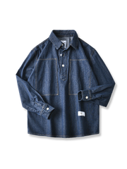 ハーフジップ デニム襟付き 長袖シャツ