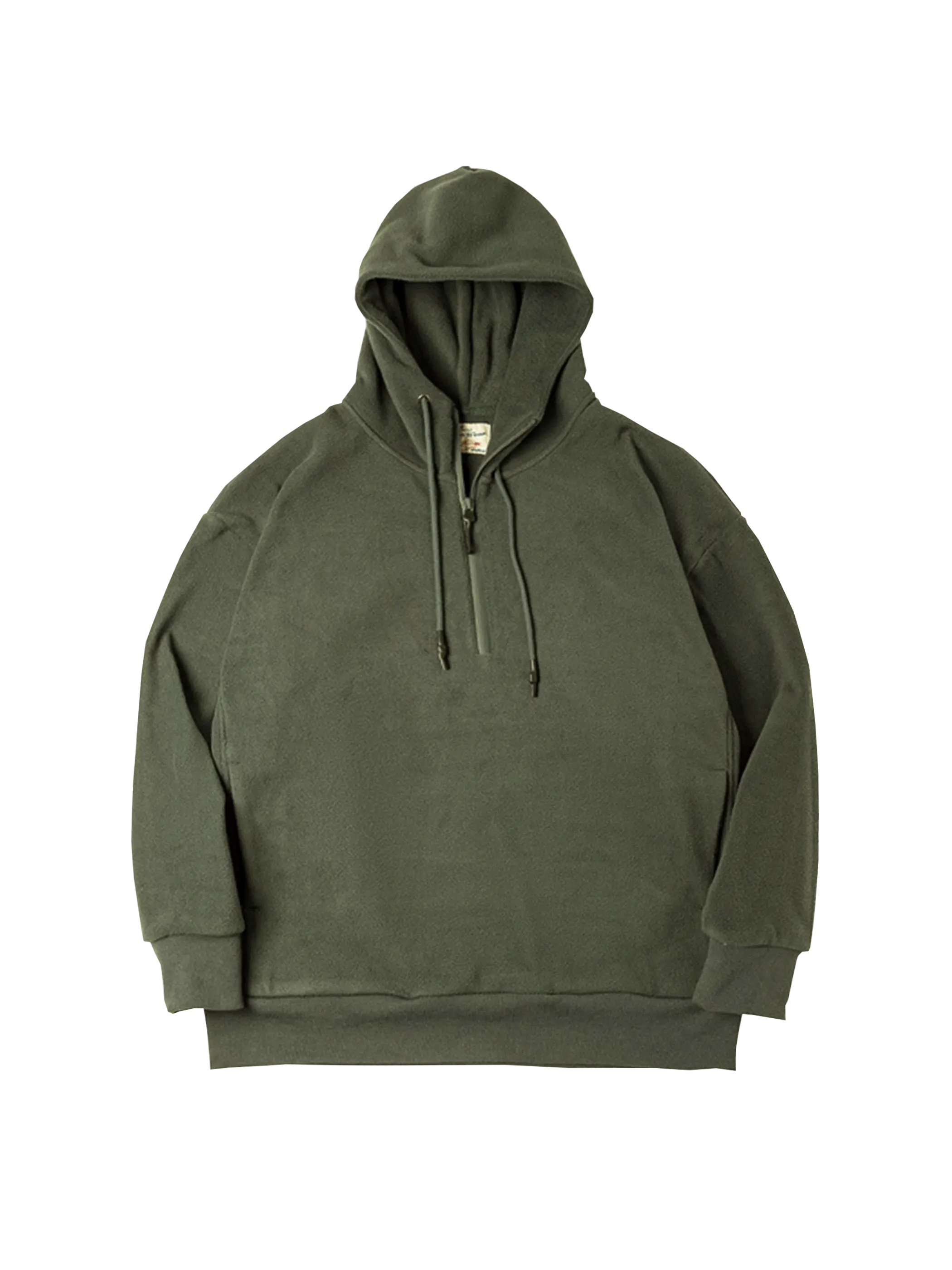 両面フリース素材のハーフジップパーカー。ハイネックで防風性を強化し、防水圧着ジップとカンガルーポケットを備えたアーミーグリーンとダークグレーのユニセックスデザイン。