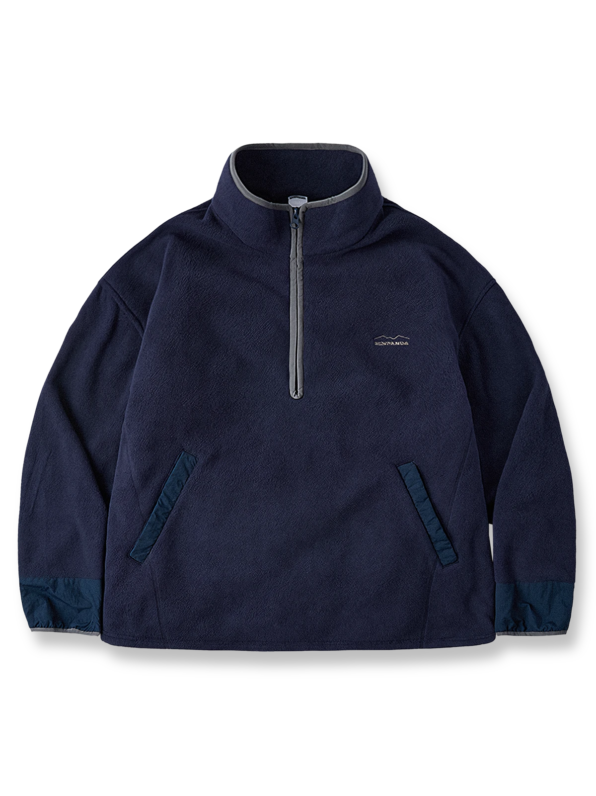 配色デザインと刺繍が特徴のスタンドカラーフリーススウェット