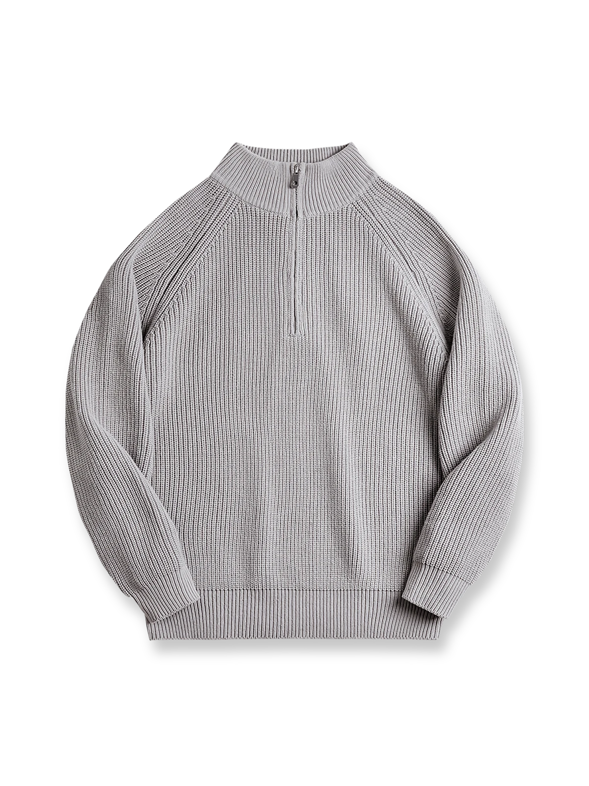 縦リブ編みとハーフジップが特徴のスタンドカラーニットセーター。