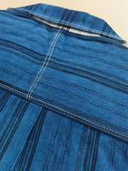 植物藍染手作り綿麻ストライプグラデーション刺繍キューバシャツ