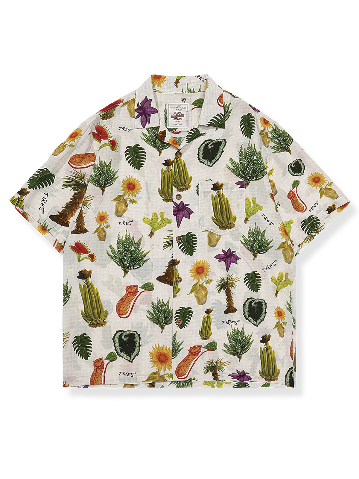 手描きの熱帯植物柄が特徴のビスコースとシルク混紡アロハシャツ