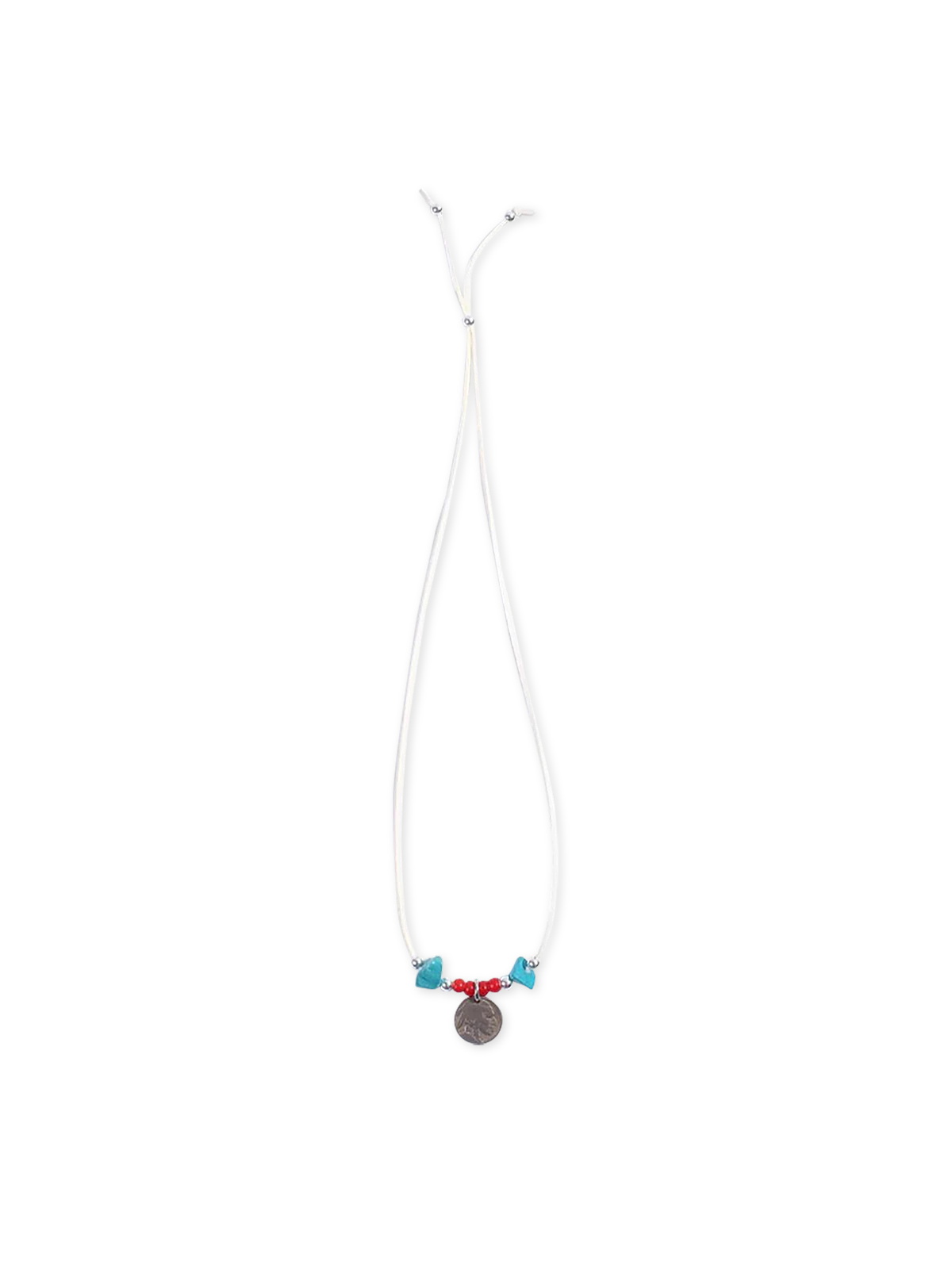 ナチュラルなアイボリースエードコードとアンティークガラスビーズ、天然ターコイズ、990シルバービーズを組み合わせたハンドメイドネックレス。20世紀初頭のインディアンバッファロー5セント硬貨をペンダントに使用し、深いヴィンテージ感を持つアクセサリー。