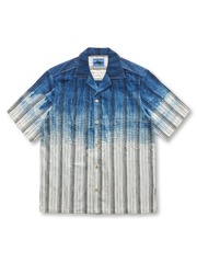 自然藍染めと刺し子刺繍が施された綿麻ストライプグラデーションキューバシャツ