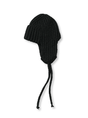 100%ウールの手編みパイロットスタイルニットハット。防風耳当てとストラップ付きで高保温。