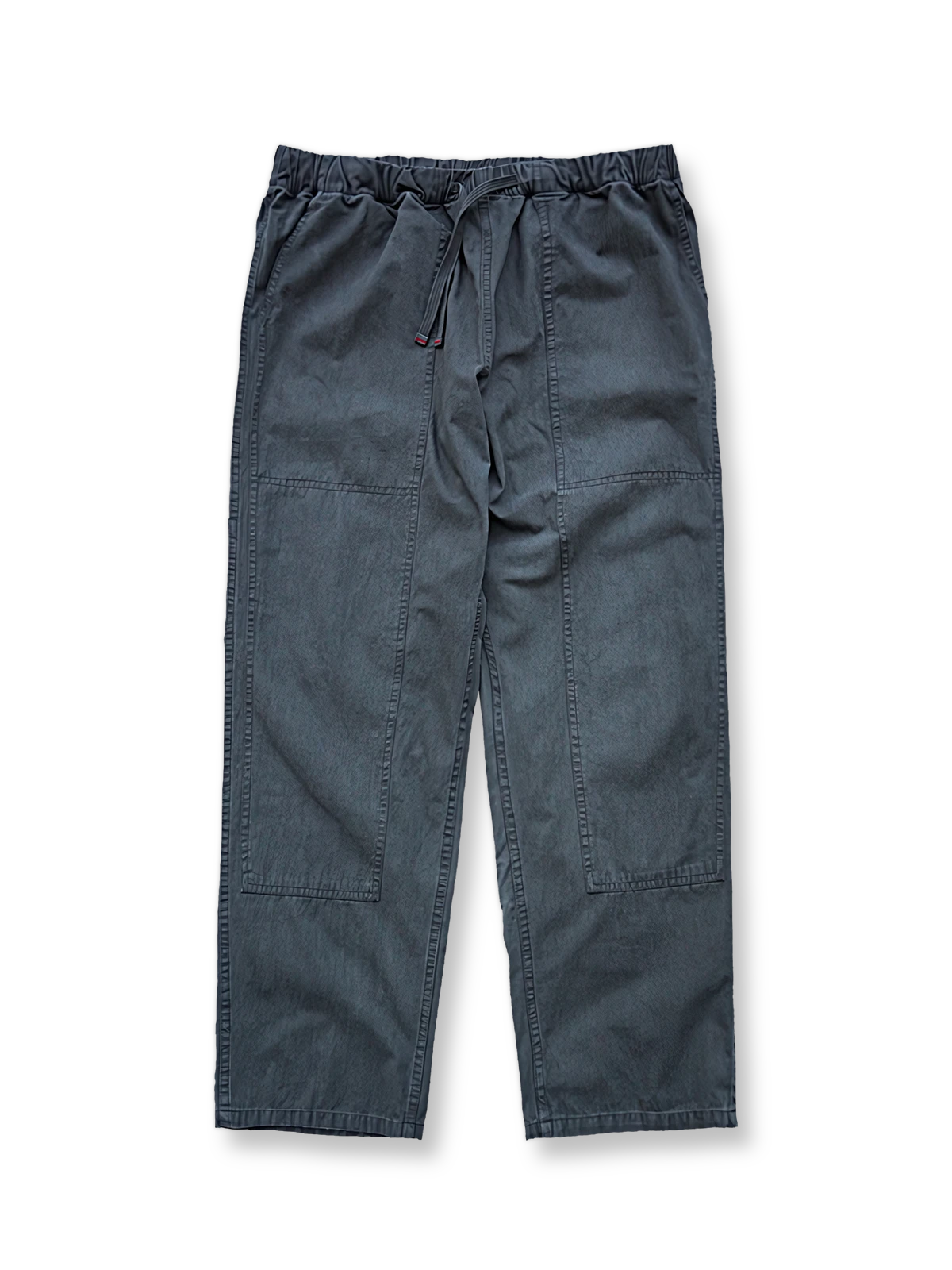 古法植物染めによる草木灰色と藍色のワイドワークパンツ。ウエストゴム&ドローコード、サイドポケット付きでエイジングを楽しめるデザイン。