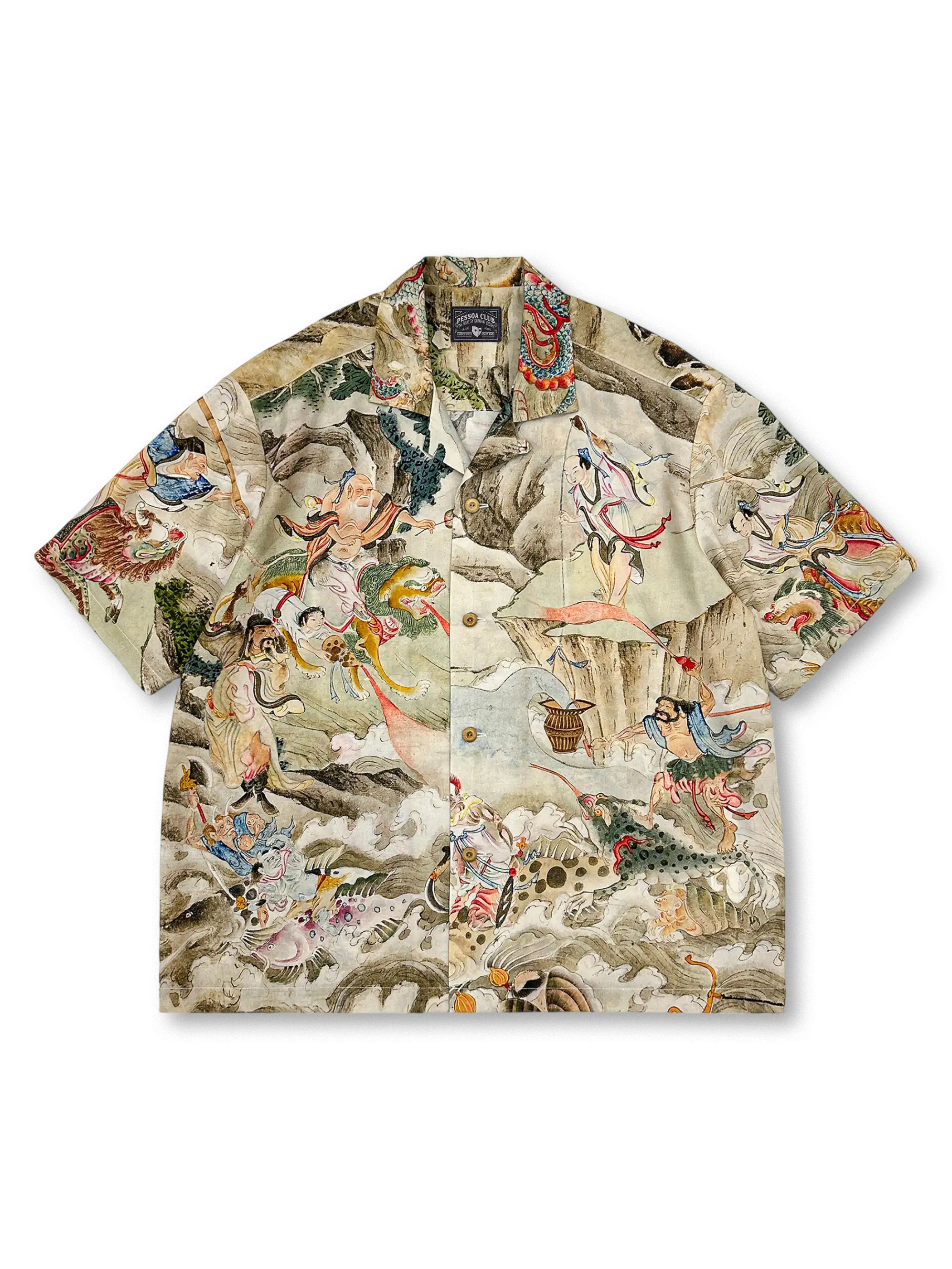 中国神話「八仙過海」の細密デジタルプリントを施した、自然な光沢と優れたドレープ性が特徴のTENCEL®キューバシャツ。
