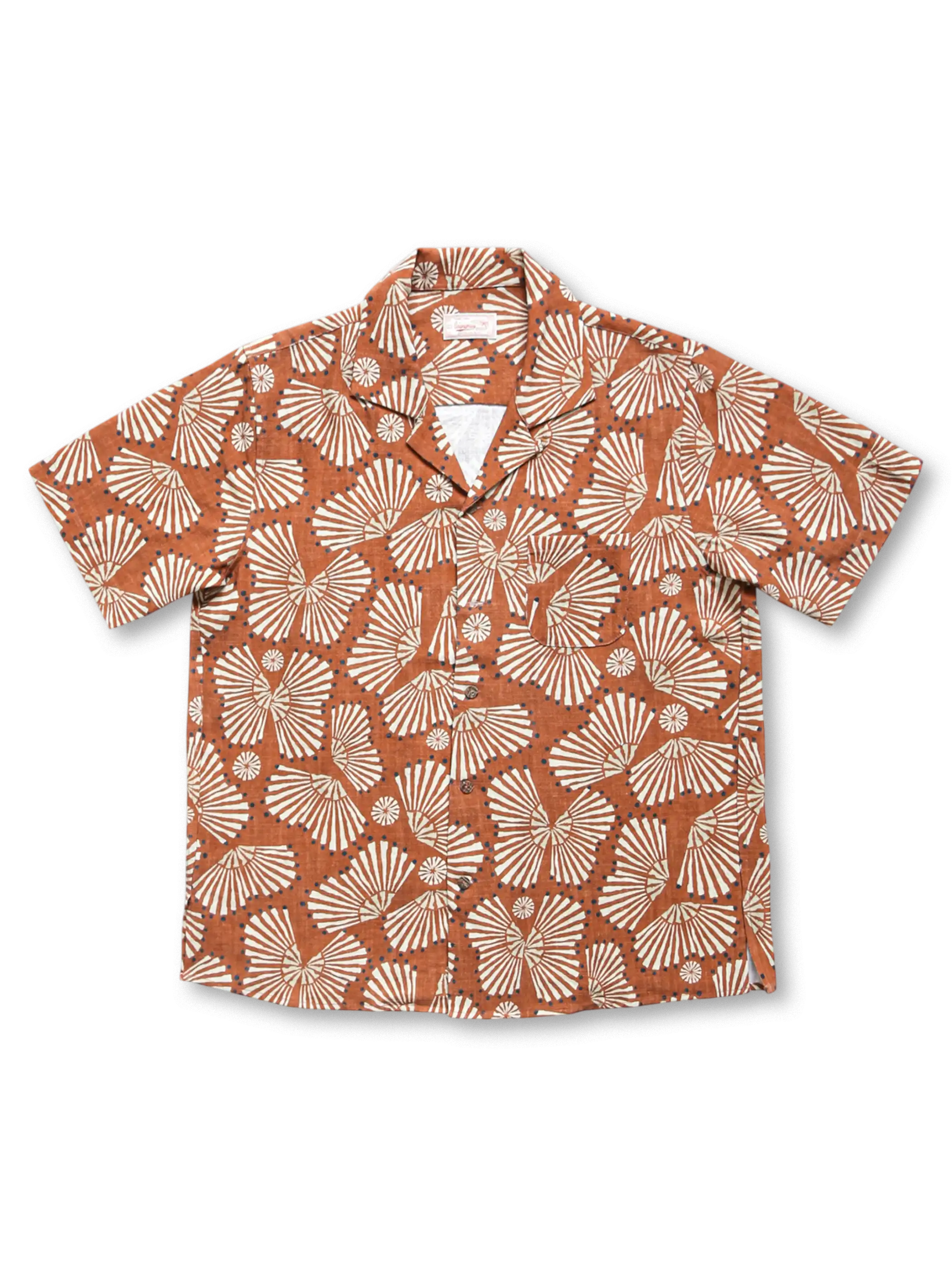 メンズリネン混紡 ハワイアン古巴襟シャツ 赤アバロン貝ボタン 夏リゾート