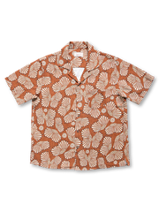 メンズリネン混紡 ハワイアン古巴襟シャツ 赤アバロン貝ボタン 夏リゾート