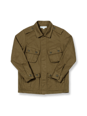 製品画像: ベトナム戦争時代を再現したクラシックリバイバルHBTヘリンボーンジャケット正面画像、重厚なコットン素材
詳細画像: グートマン包芯糸とリバイバル版アルミジッパーを採用したヘリンボーンジャケットのディテール