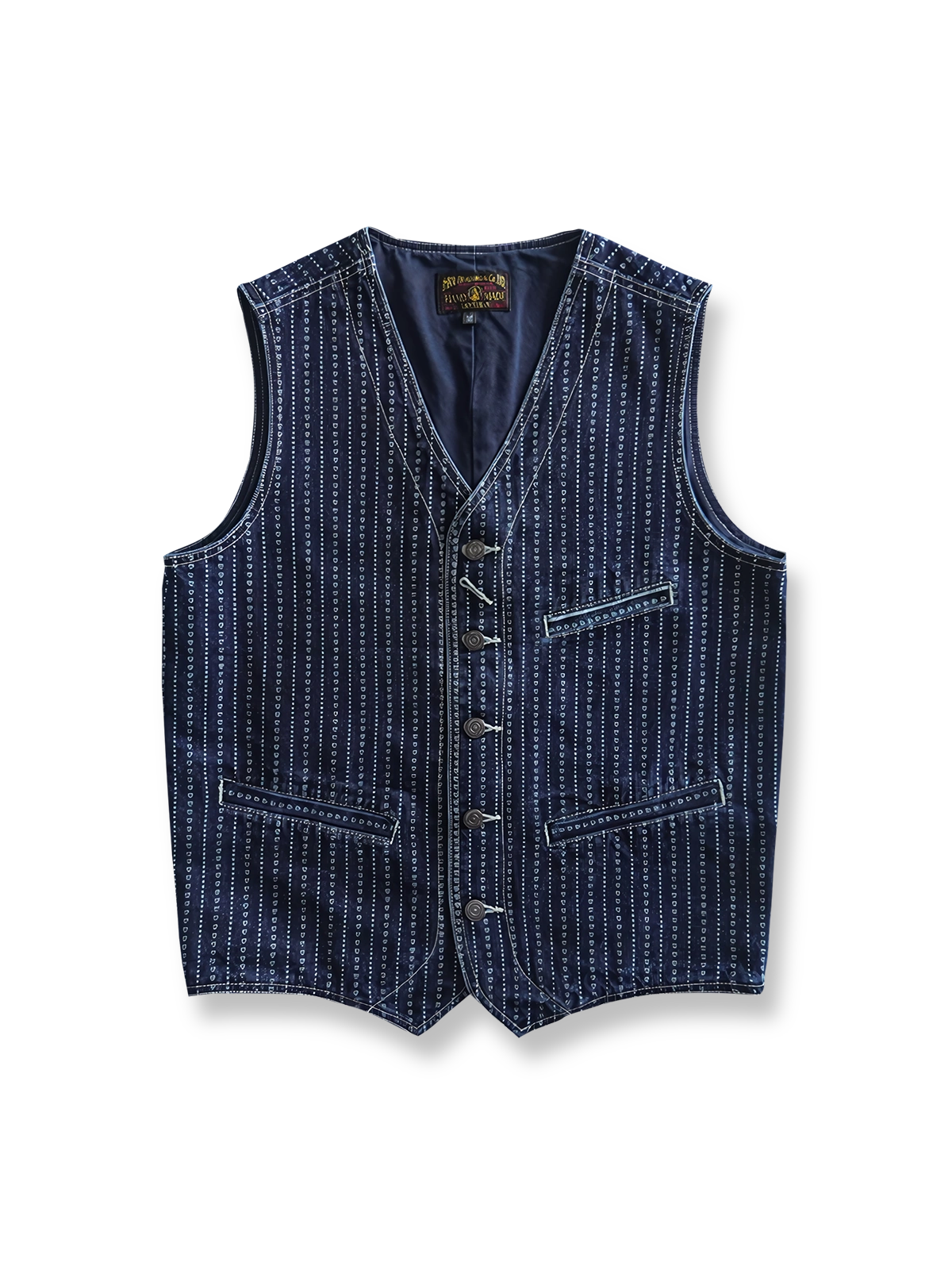 ハート柄抜染とウォッシュ加工が映えるレトロ風デニムベスト