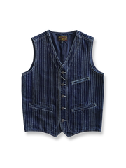 ハート柄抜染とウォッシュ加工が映えるレトロ風デニムベスト