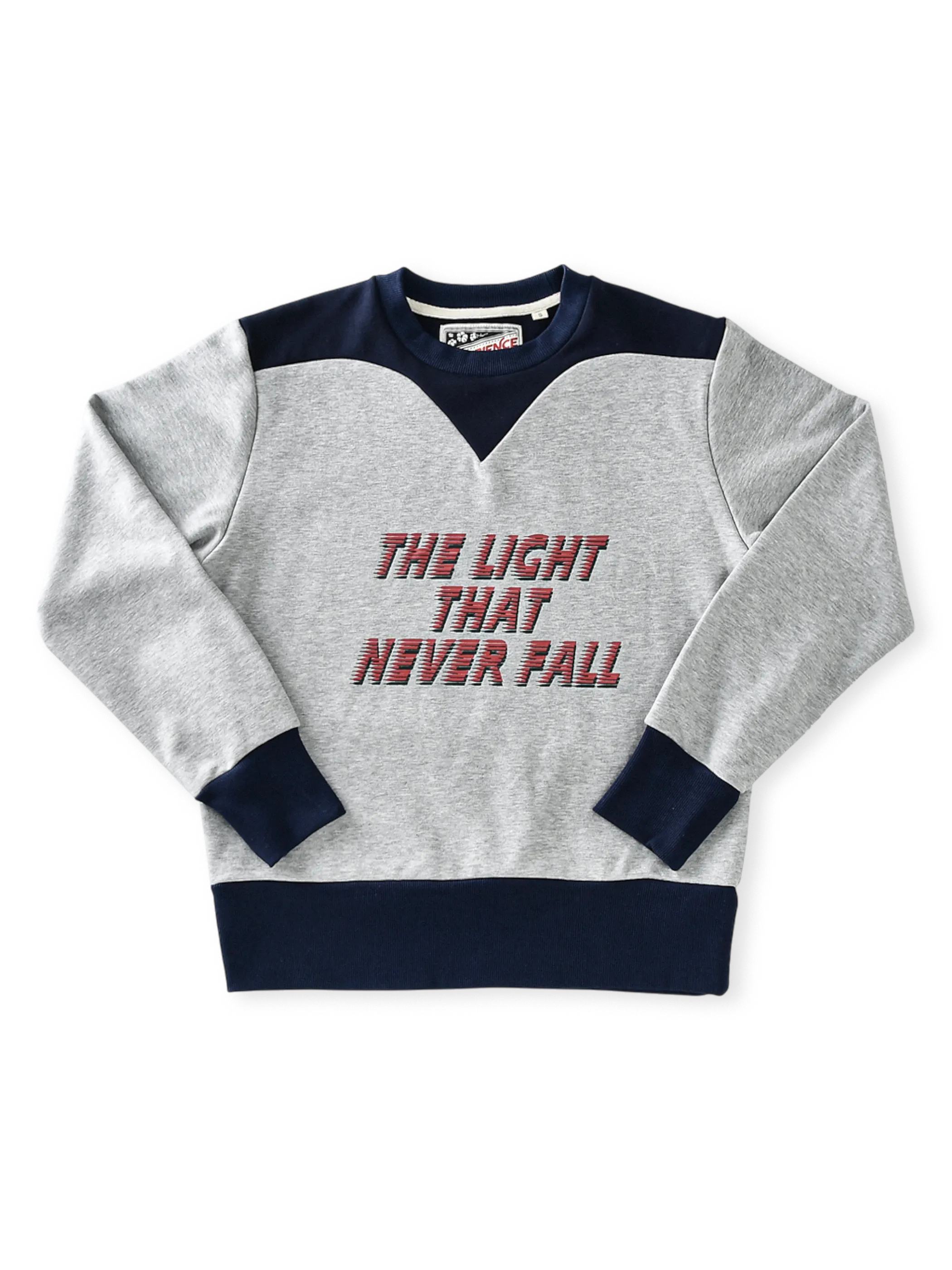 70年代アメリカンキャンパススポーツ風の毛羽取り加工カラーブロックスウェット。耐久性のあるリブ裾付き。