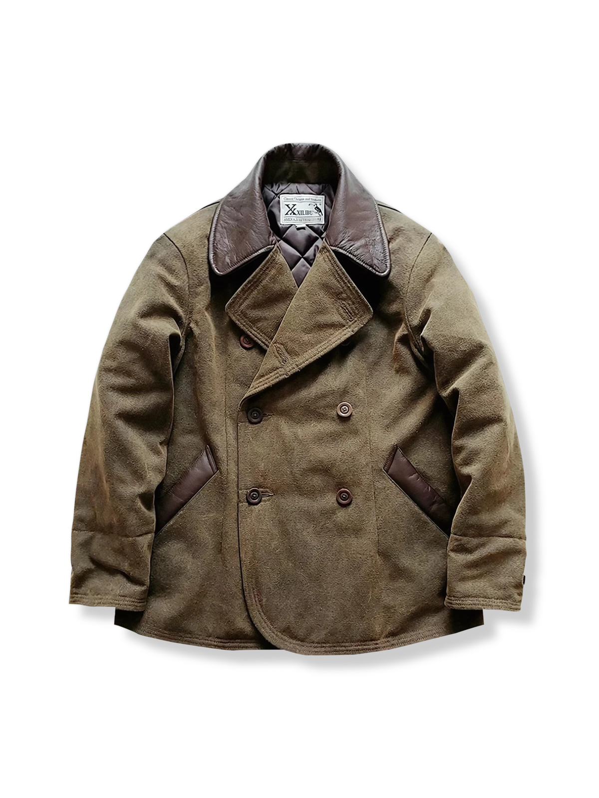 厚手コットン×レザーのダブルブレスト中綿ジャケット