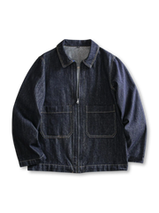 ウォッシュ加工と大容量ポケットが特徴のヴィンテージ風デニムワークジャケット。春先にぴったりの快適さ。
