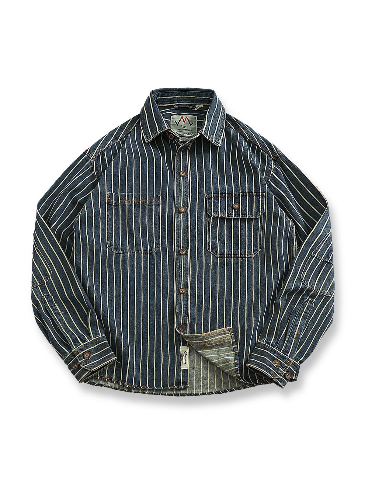 ヘビーストライプ柄と肘パッチが特徴のデニムワークシャツ。