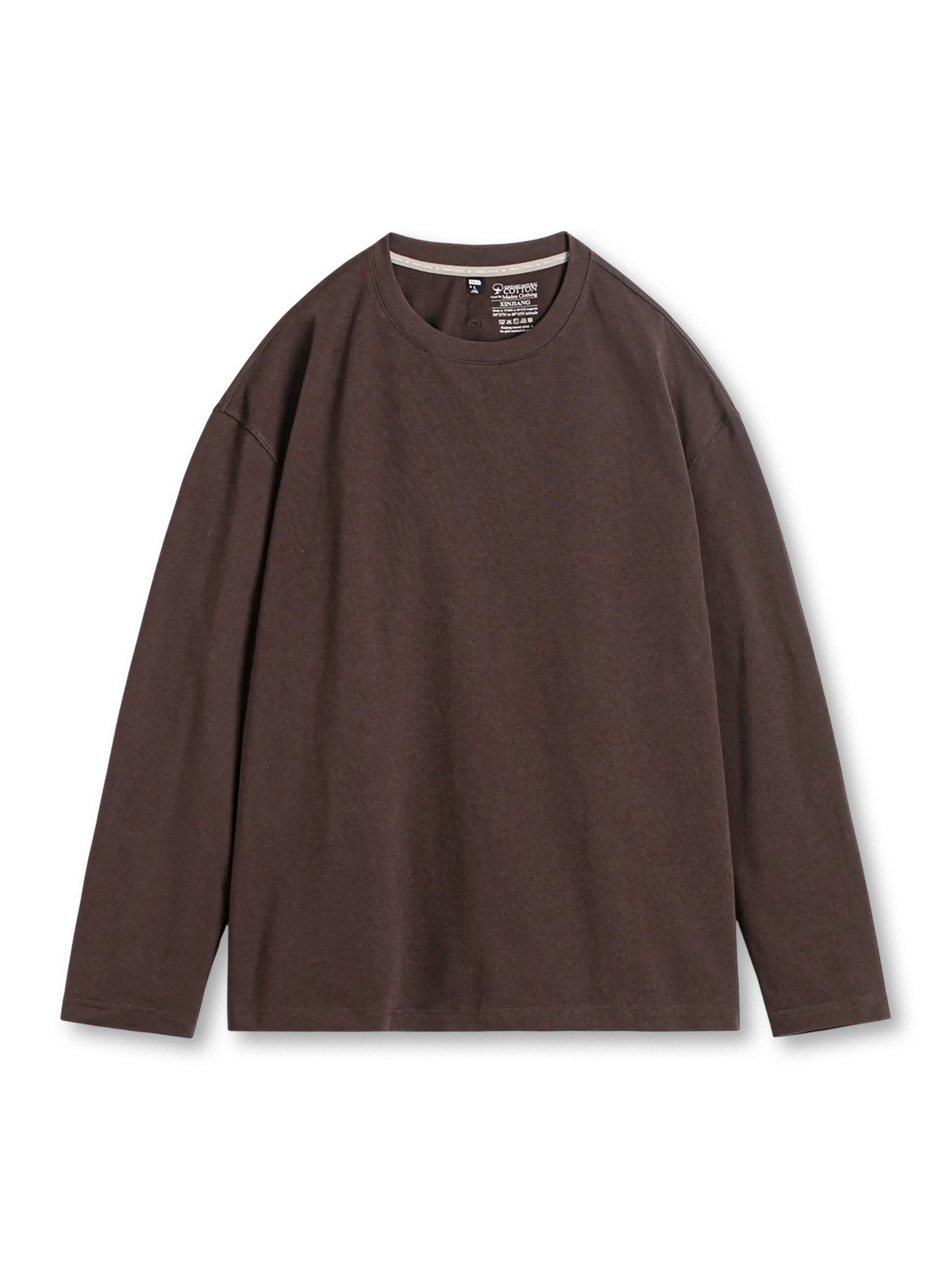 無地のヘビーウェイト長袖Tシャツ、クルーネック、リラックス寄りのシルエット