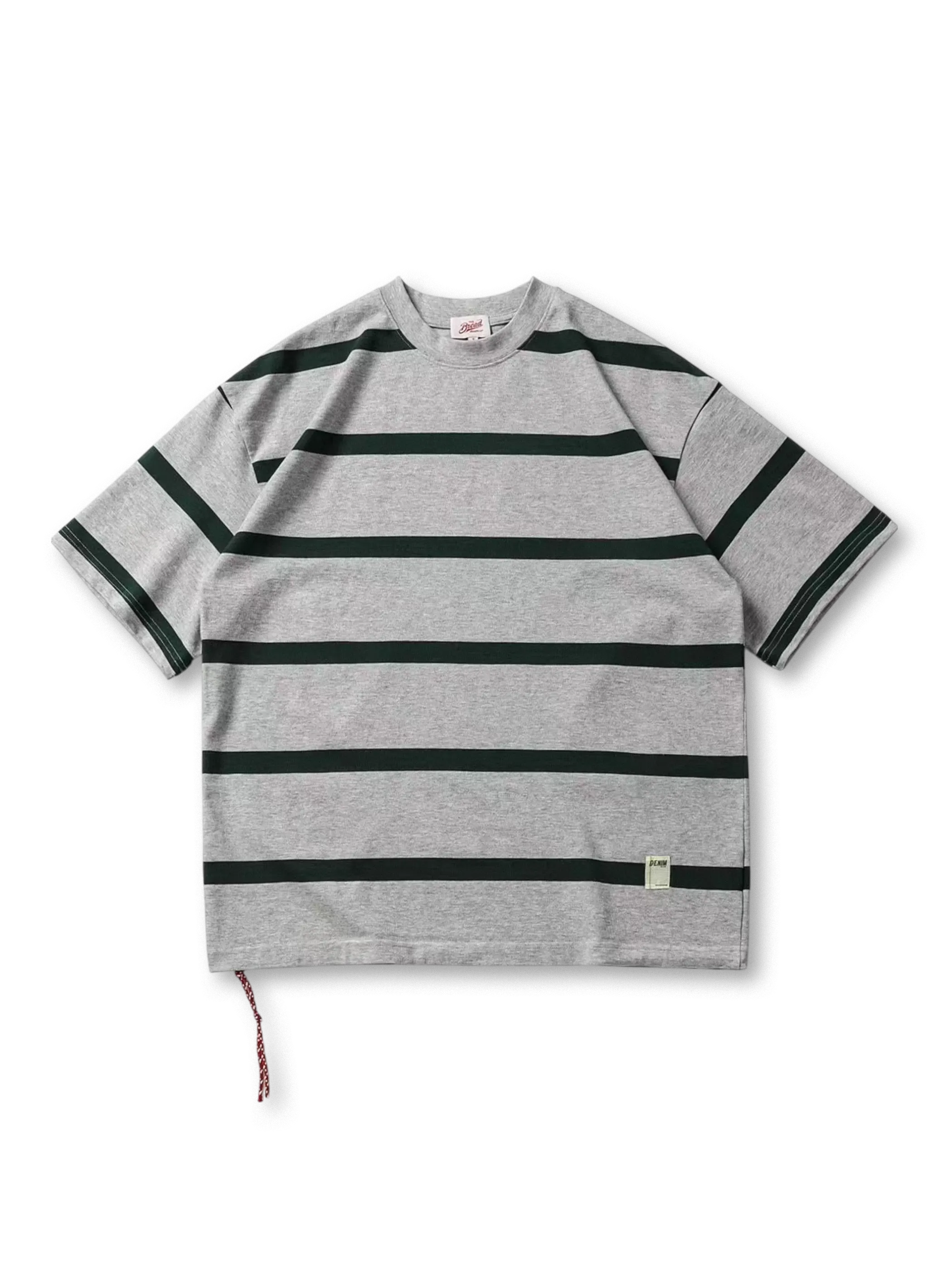 太ピッチボーダーとパッチポケットが特徴の厚手純綿天竺Tシャツ、耐久性の高い螺旋リブクルーネック