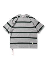 太ピッチボーダーとパッチポケットが特徴の厚手純綿天竺Tシャツ、耐久性の高い螺旋リブクルーネック