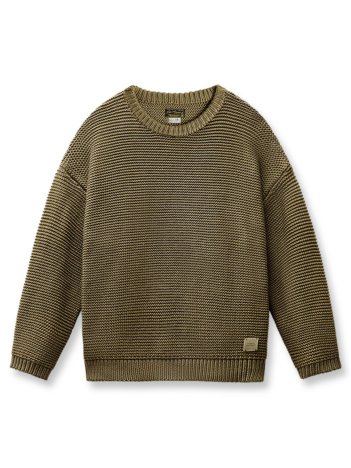 重厚な編み目とスマイルカーブネックが特徴のヴィンテージ調ニットセーター。