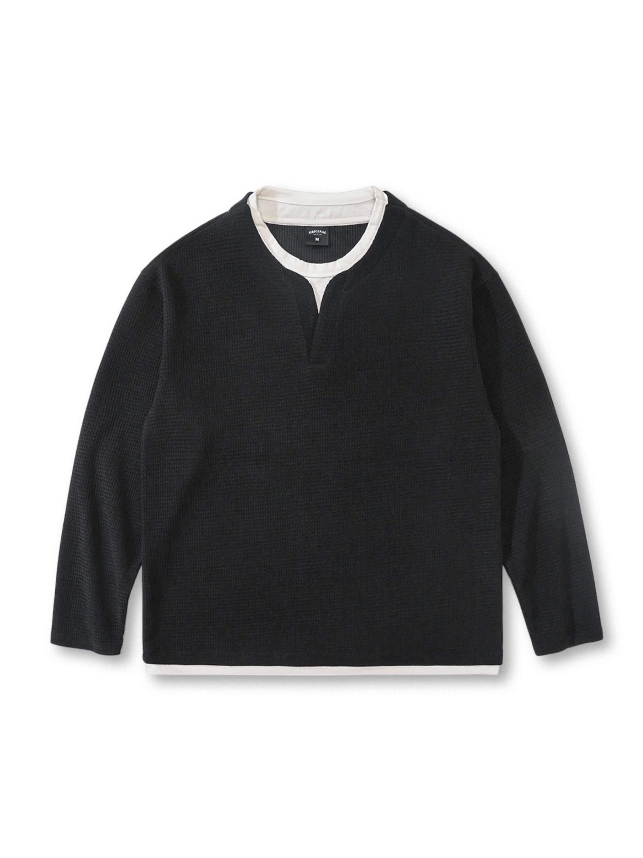 伝統的ヘンリーシャツ風、400g欧米綿起毛ワッフル生地のフェイクレイヤード長袖Tシャツ