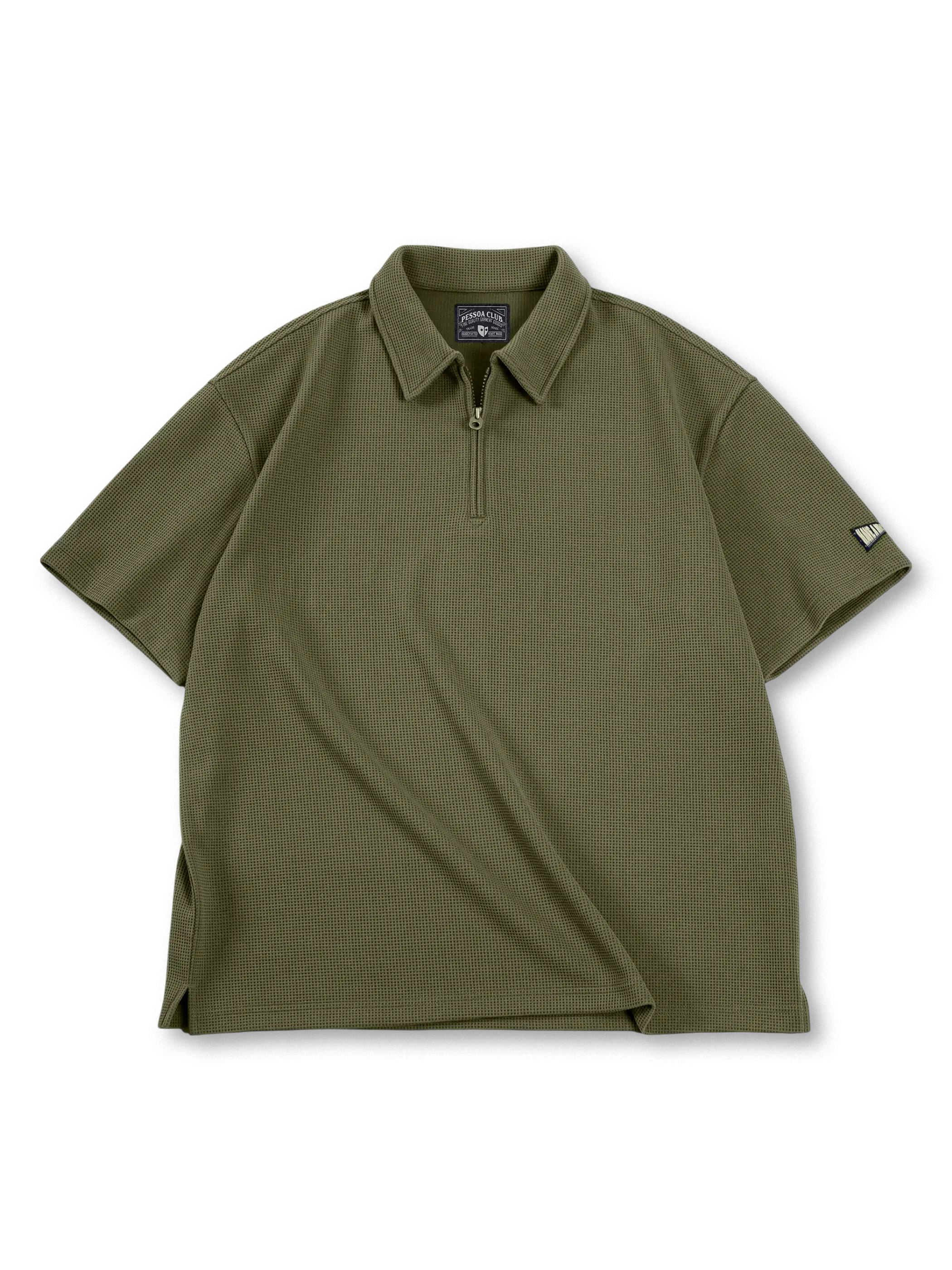 胸元ハーフジップとワッフル編みが映えるヘビーウェイトワッフルポロシャツ