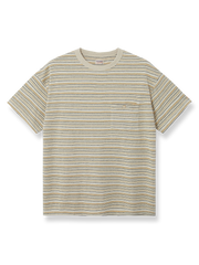 ヘンプ混紡リネン×オーガニックコットンのストライプ胸ポケットTシャツ。