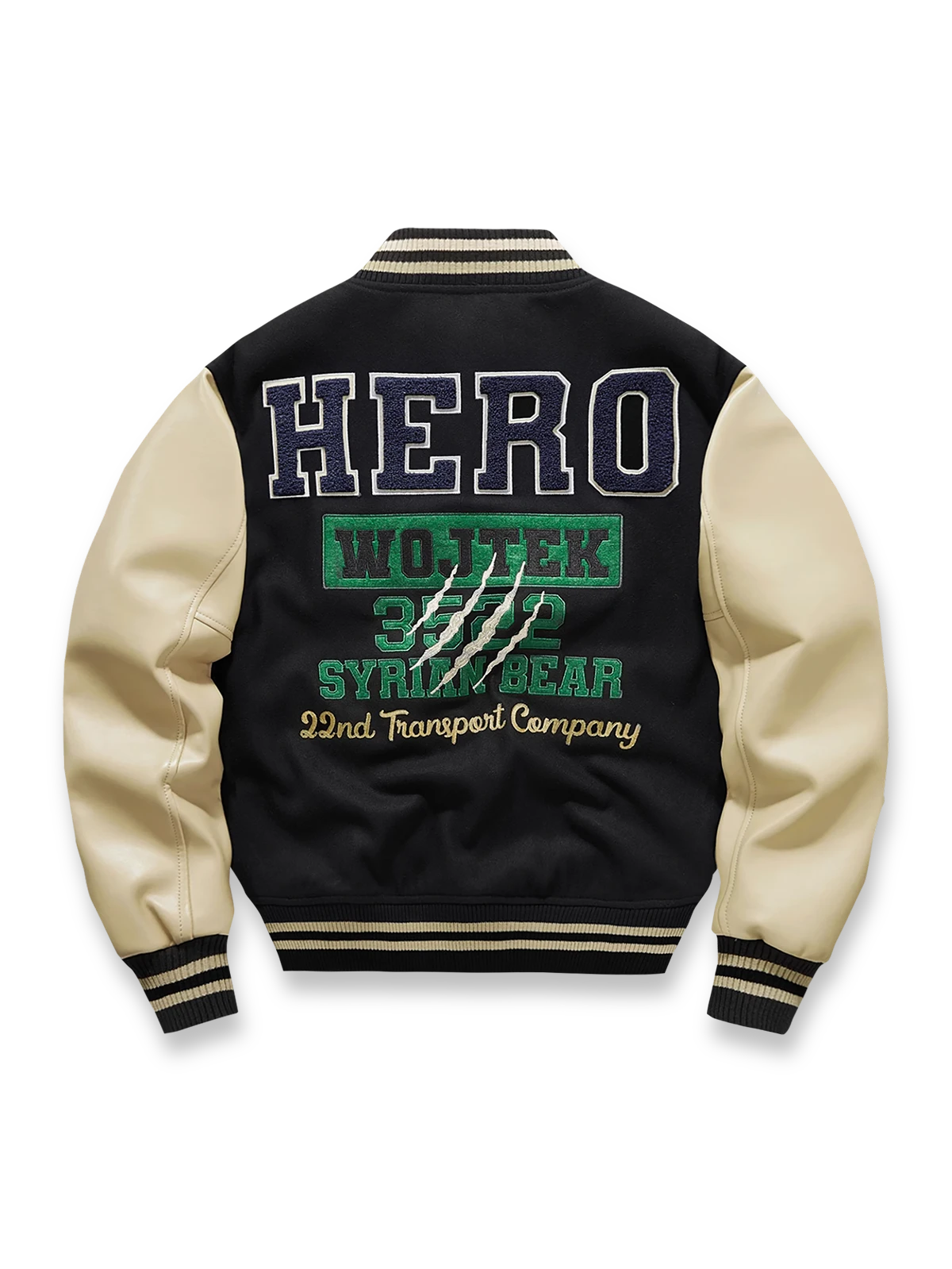 Wojtek兵士の「HERO」「SYRIAN BEAR」刺繍が印象的な空軍ベースボールジャケット。