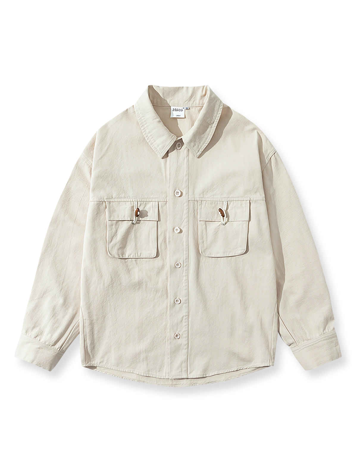 ヘリンボーン柄立体ポケットと木ボタンの長袖シャツ