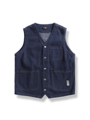 ヘリンボーン柄デニムワークベスト(ヴィンテージ感ある織りとパッチポケット)