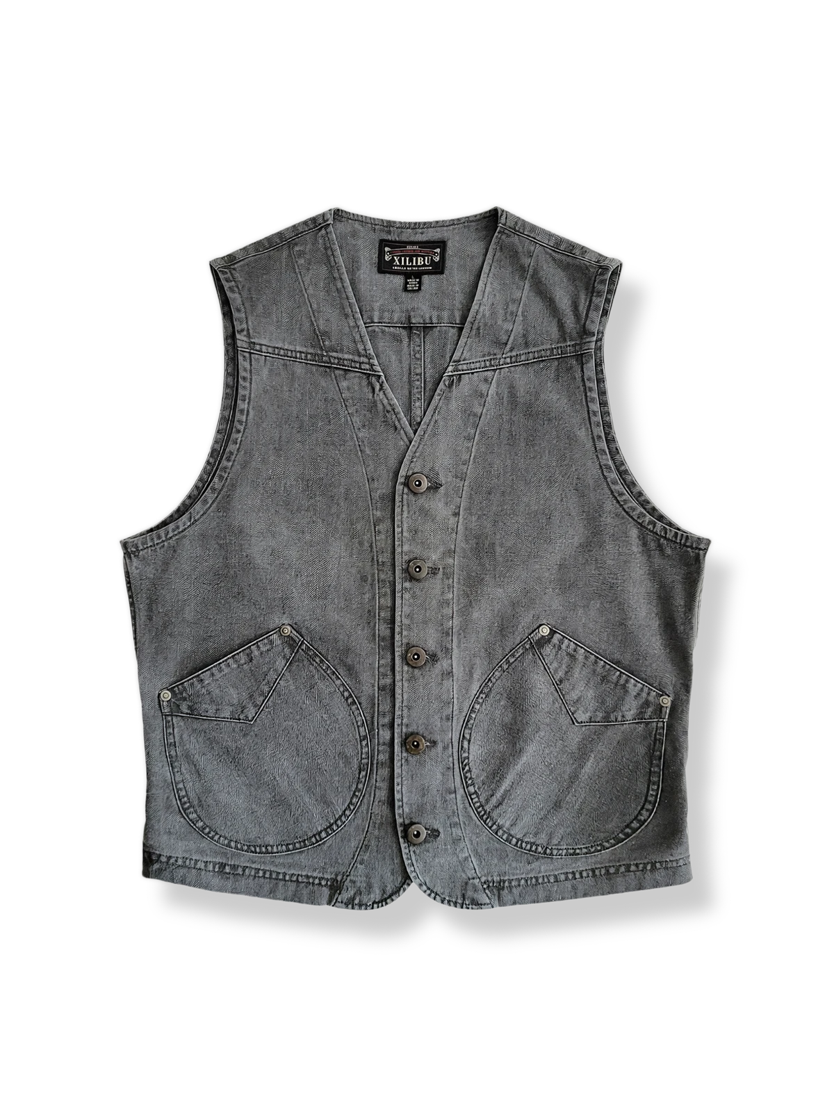 ヘリンボーン柄コットンベストのVネックデザインイメージ。