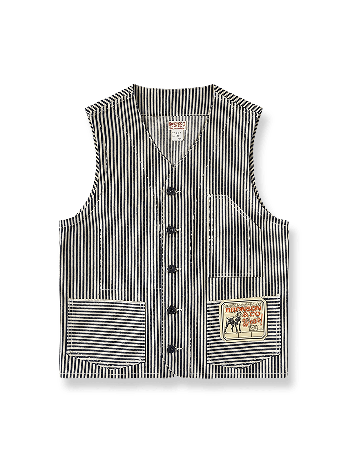 インディゴとホワイトの縦ストライプが映える鉄道ワークベスト
