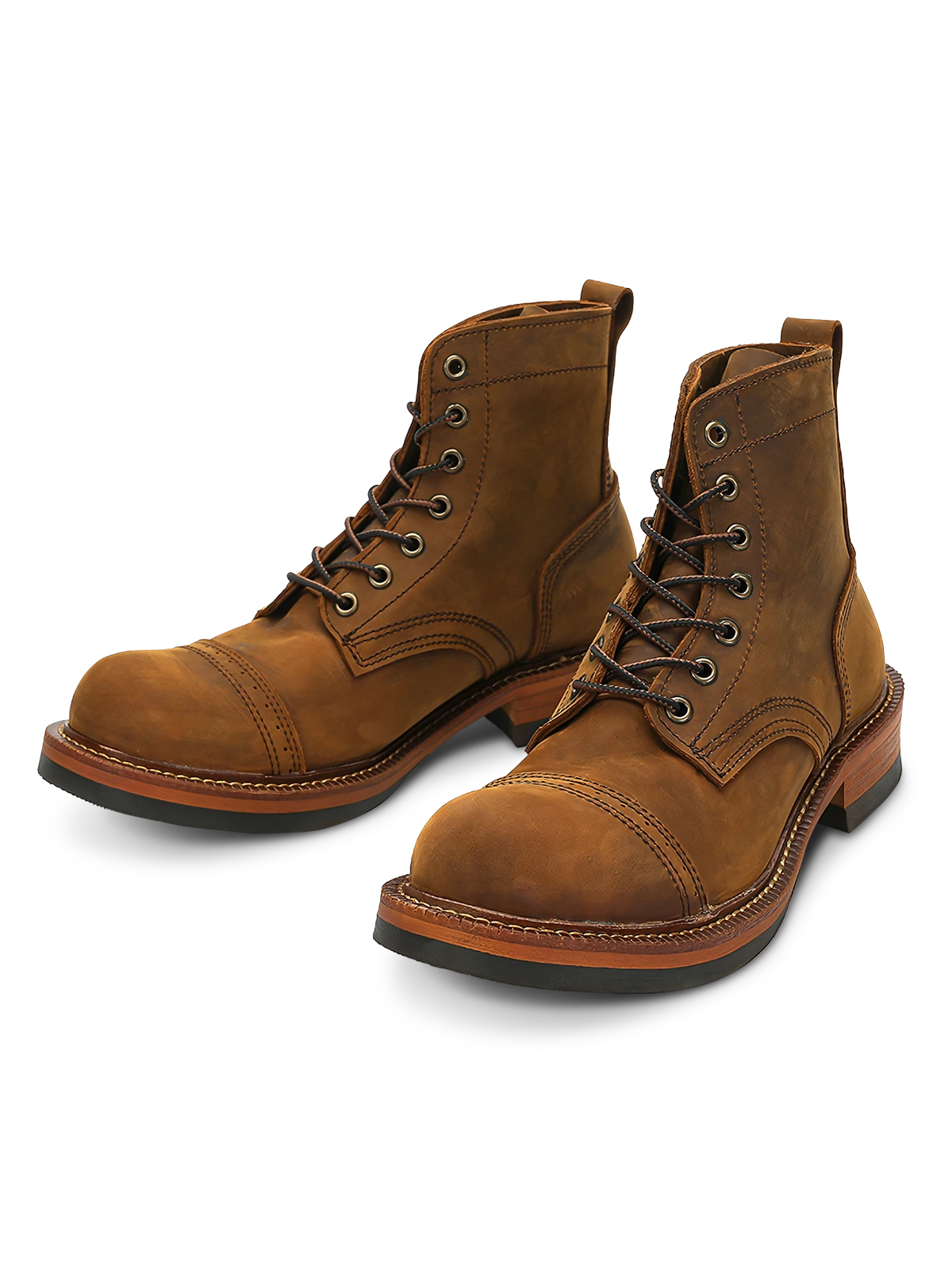 ハイカットデザインとトップレイヤー牛革、ラバーソールを備えたワークブーツ。