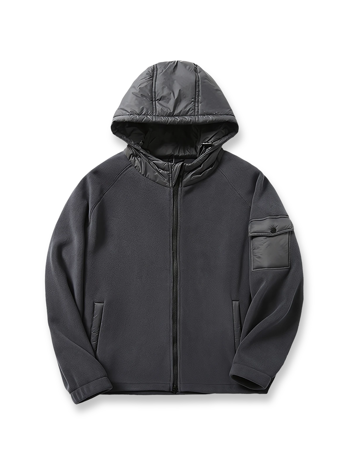 高密度フリースフード付きパッチワークジャケットの全体正面画像、パッチワークデザインと蓄熱フリースのディテール。