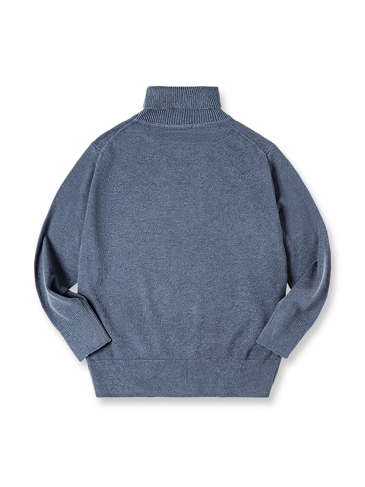 ニュートラルカラーのハイネックニットセーターの全体と細かなリブ袖口を写した写真