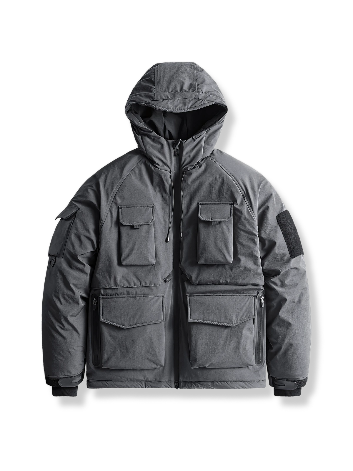 多機能ポケットとフード付きの高機能中綿ジャケット