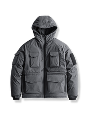 多機能ポケットとフード付きの高機能中綿ジャケット