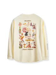 ホリデータイム レトロプリントTシャツの全体正面画像、背面のポスター風プリントとクルーネックのディテール。