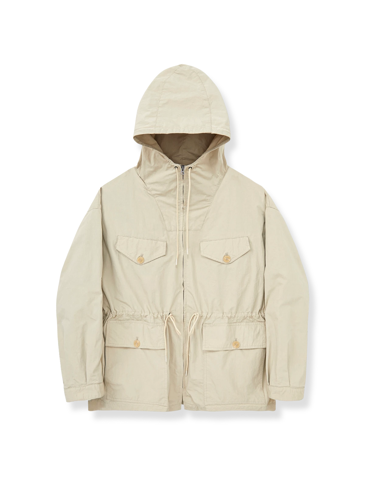 フード付きボアベストが取り外せる2way仕様のミリタリースモックコート。
