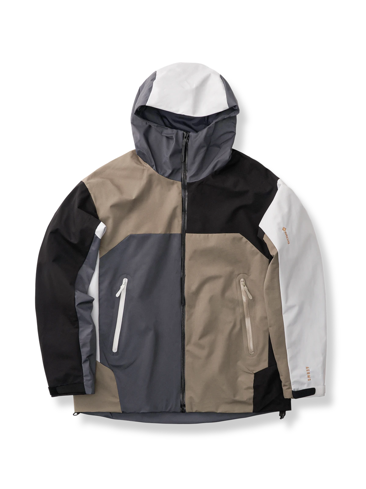 カラーパネルデザインのフード付き防風防水ジャケット。