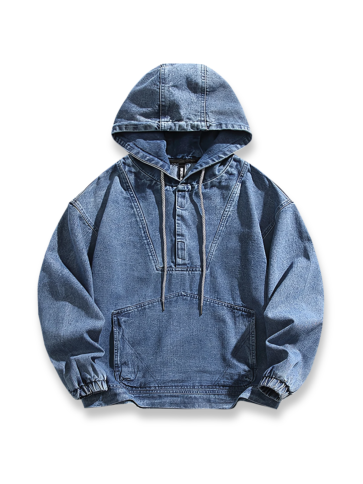 水洗い加工の自然な色落ちと柔らかさが特徴のフード付きルーズフィットデニムジャケット