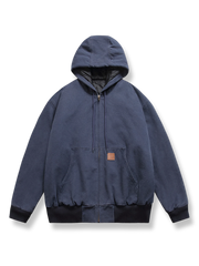 裏地起毛のネイビーブルーデニムスウェットジャケット、フード付き。