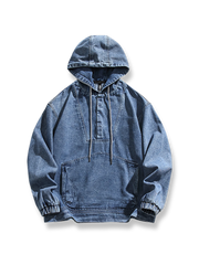 デニム素材の裏地パイル付きフードポケットスウェットジャケット。