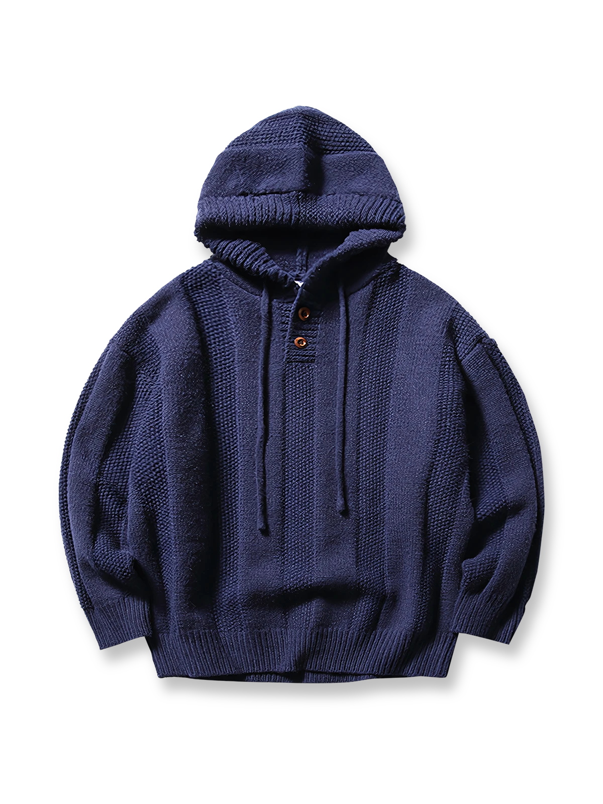 ストライプと編み模様が特徴のフード付きプルオーバーセーター