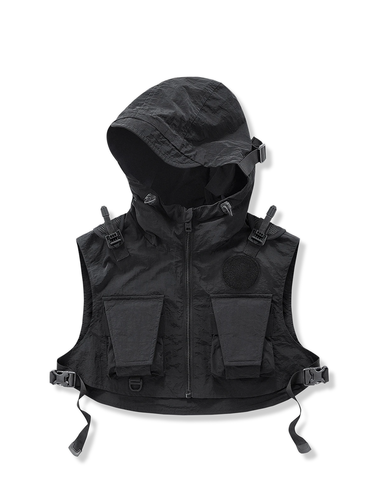 フード付きショート丈で機能的なワークウェアベスト