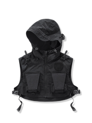 フード付きショート丈で機能的なワークウェアベスト