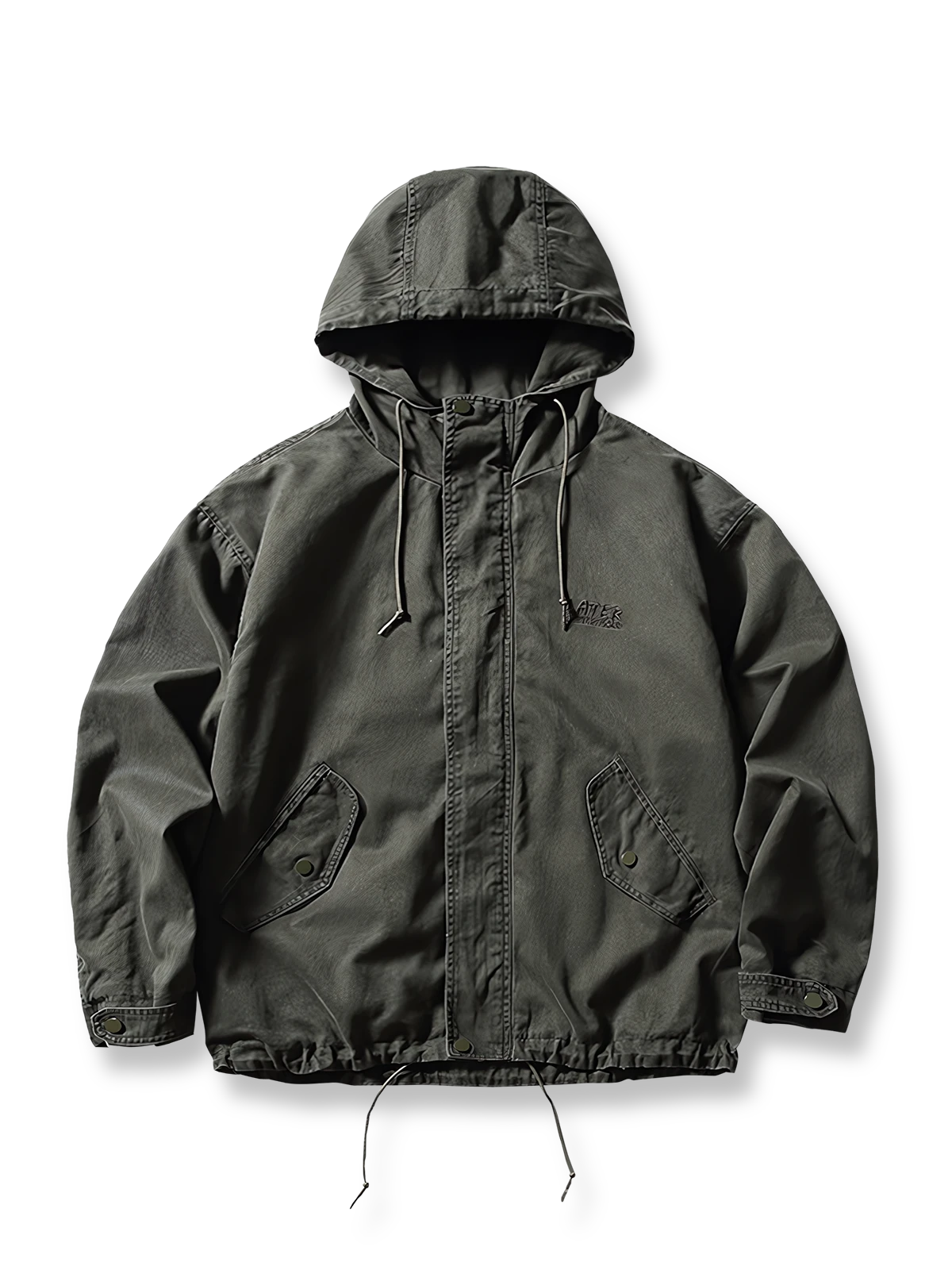 防風耐久ポリエステル素材のフード付きワークジャケット。二重前立てと調節ドローコード付き大容量ポケット。