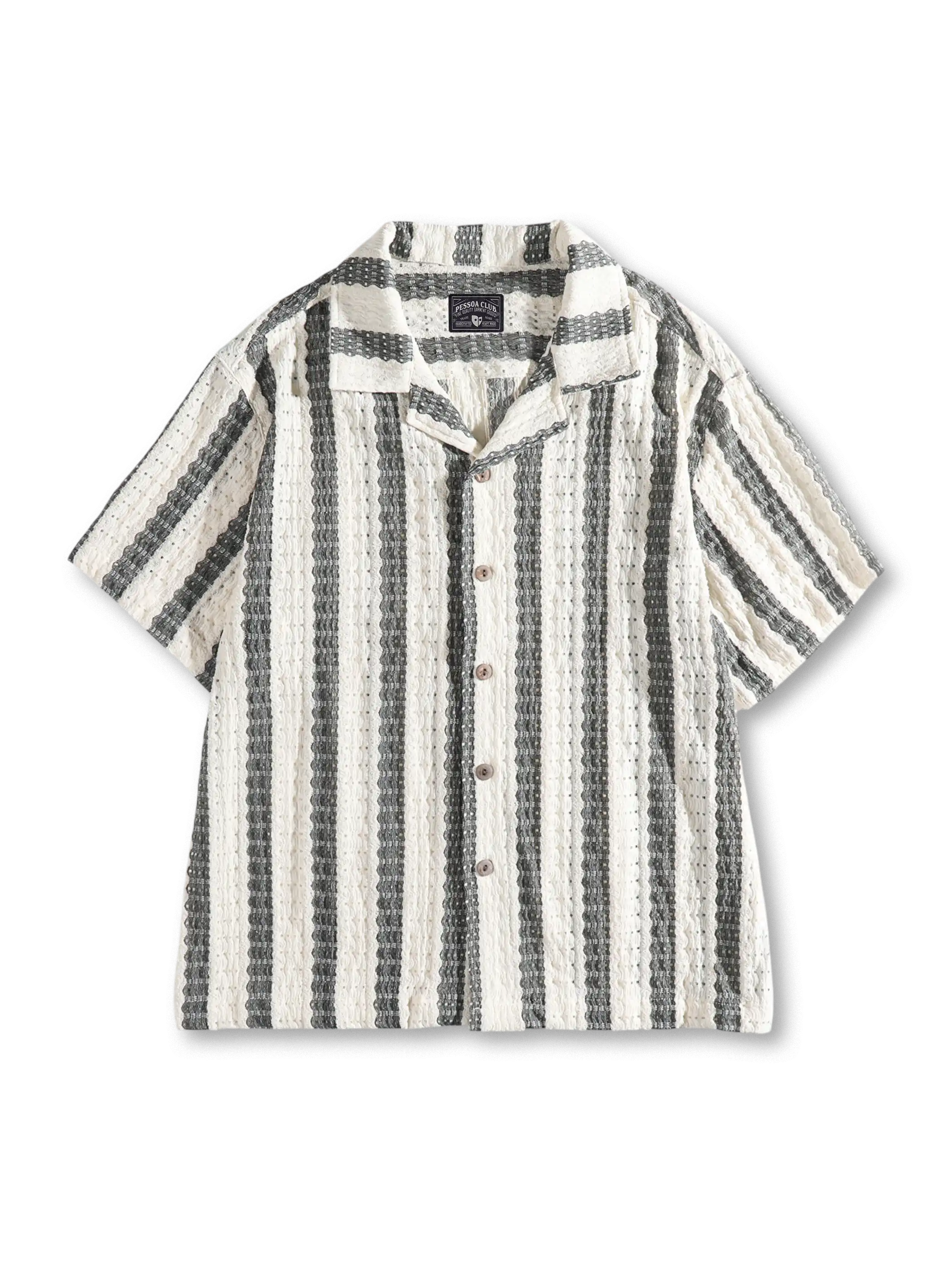 ホワイト×グレーのレース風透かし編みでホリゾンタルストライプを表現したルーズフィットシャツ。春夏のリゾートやデイリーに最適。