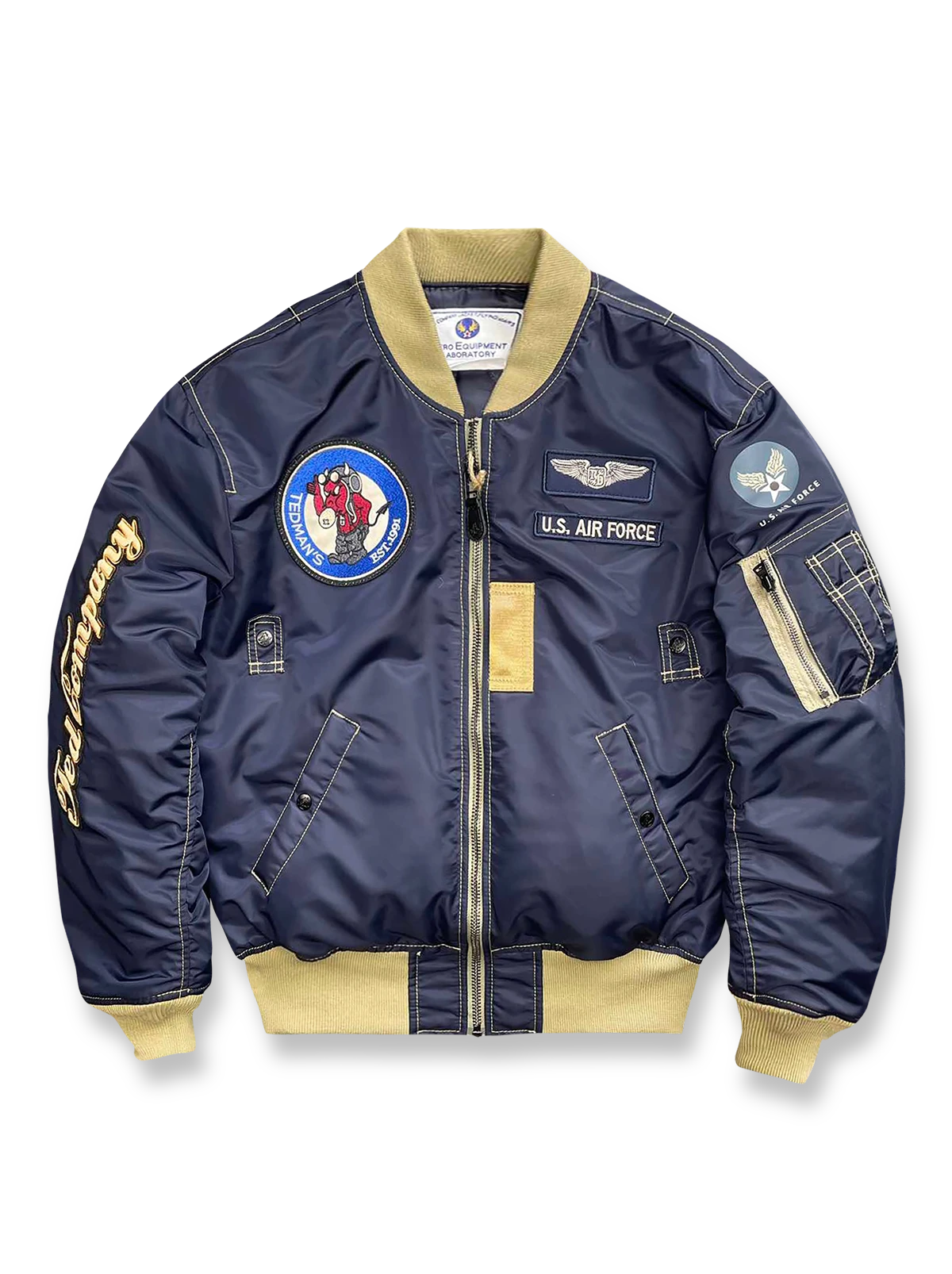 ブルーシェルとマスタードイエローリブのフライトジャケットに「ホットロッド・デビル」刺繍を施し、3M中綿とNO‑STINK加工のデュポン防水素材を使用したアイテム。