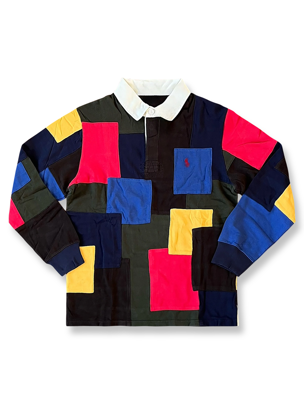 百家布イメージのカラーブロックパッチワークが映える長袖ポロシャツ
